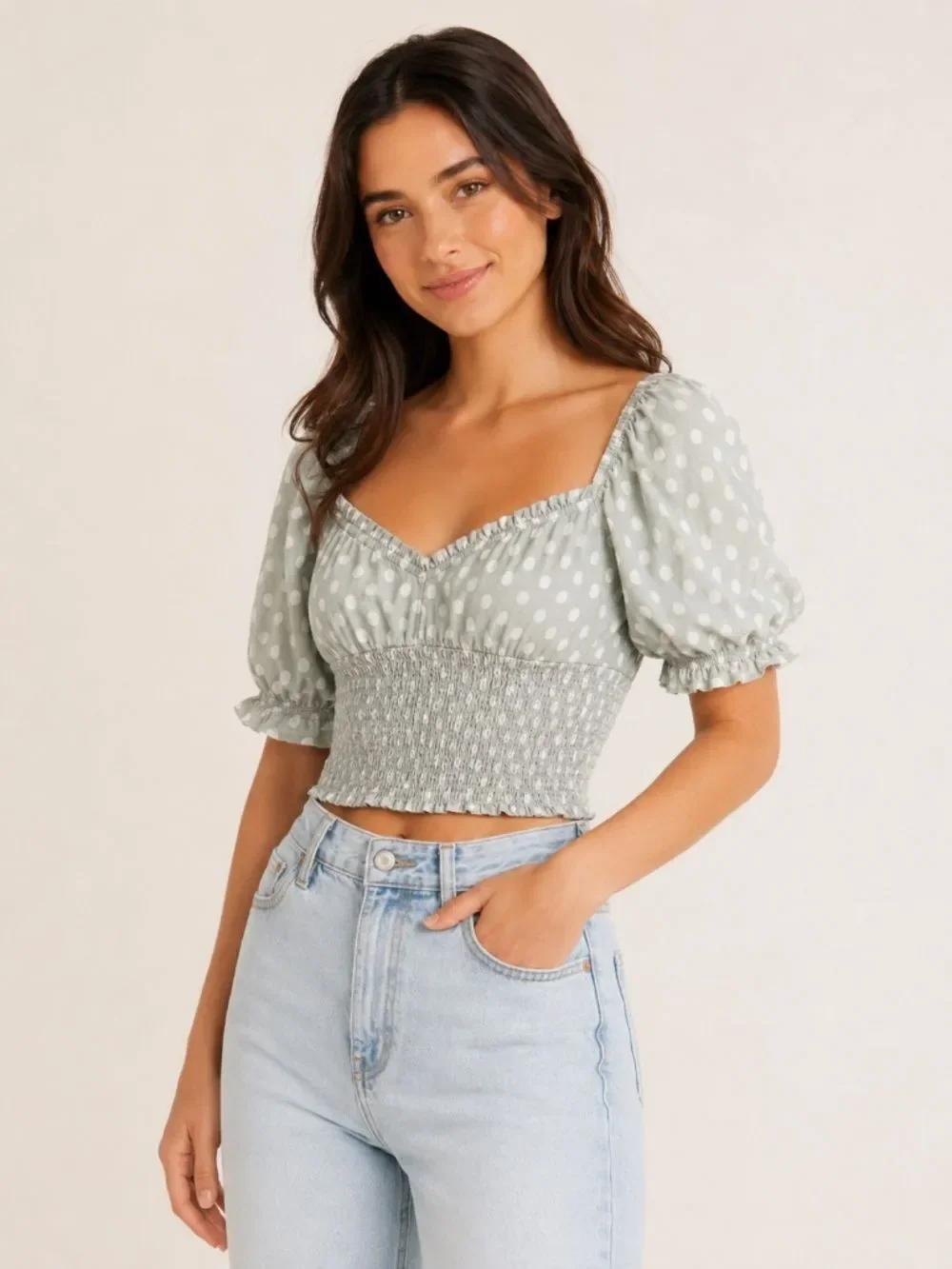 Abercrombie & Fitch Polka Dot Smocked Puff Sleeve Top M